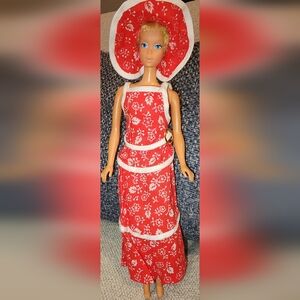 Vintage Mattel 1966-70 Moving Barbie In Red Dress And Matching Bonnet.